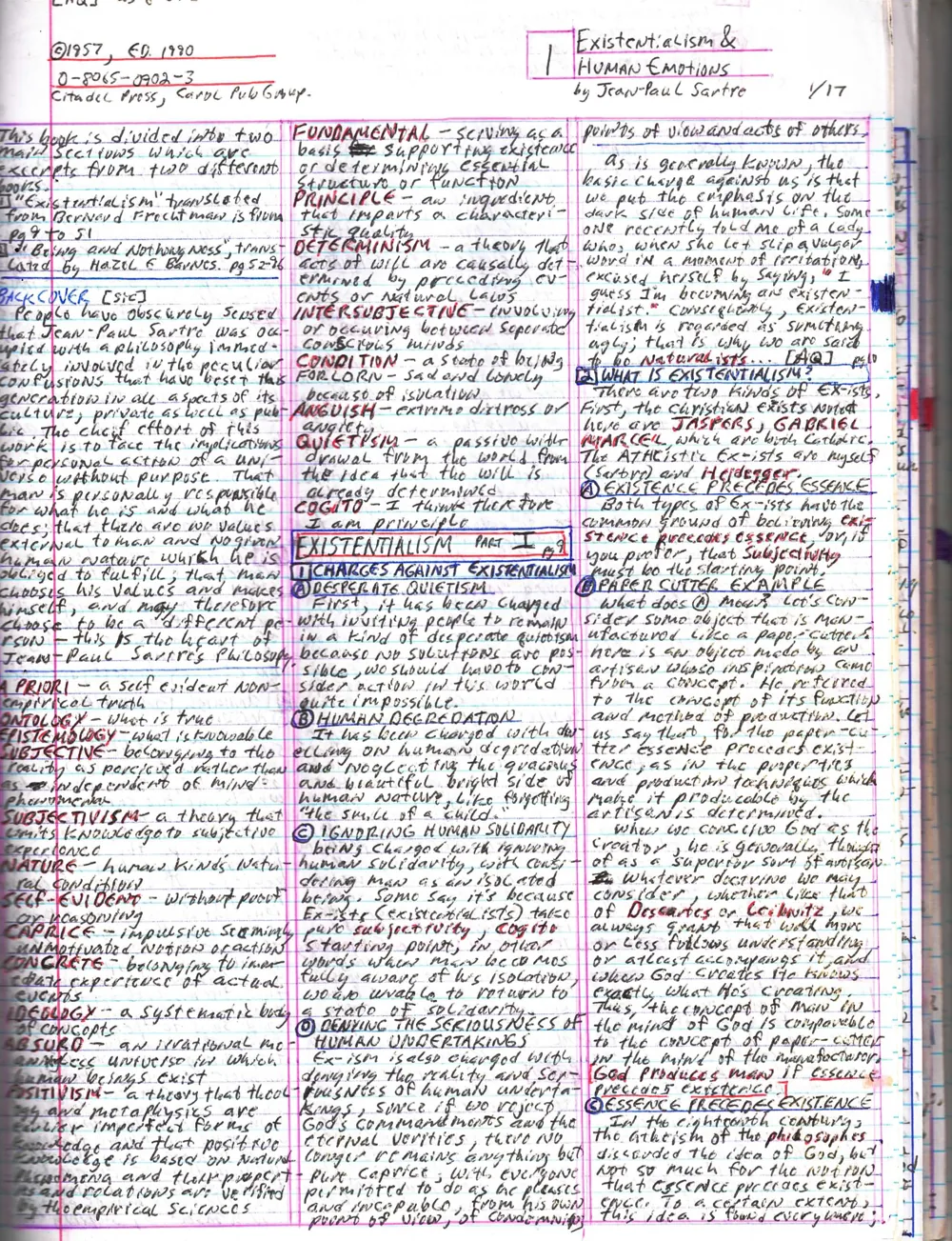 Original photograph of three-column handwritten notes on Sartre’s Existentialism and Human Emotions, with boxed headings, blue subdivisions and red definitions